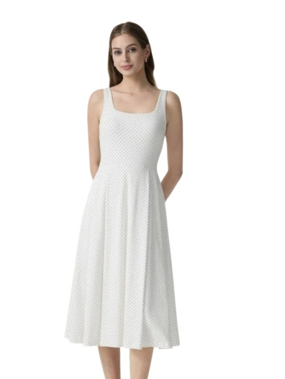 NWT OGL Stretch Cotton Polka Dot Square Neck Midi Bra Dress- L